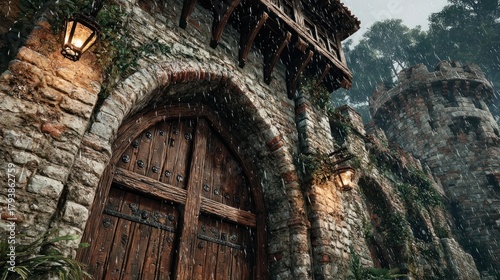 Ancient stone castle entrance in rain, with wooden door and tower