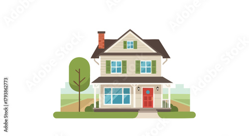 Stylized two-story suburban home with a red door, green shutters, and a brick chimney on a sunny day suburban property illustration