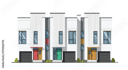 Modern Townhouses Architectural Design, Showcasing a Row of Contemporary Homes with Unique Facade Details, Illustrating Urban Living Spaces