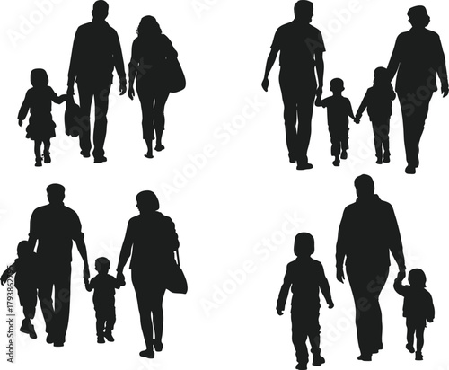 happy family silhouette collection for creative design. Family outdoors activities, hobbies and sports in park vector illustration.