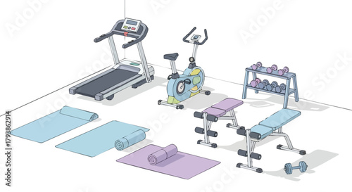 A Comprehensive Collection of Home Gym Equipment Illustrating Fitness and Wellness Initiatives for a Healthy Lifestyle with Varied Exercise Options
