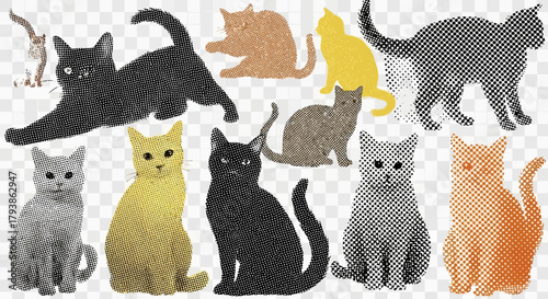 Collection of whimsical cartoon cat illustrations in various colors and poses