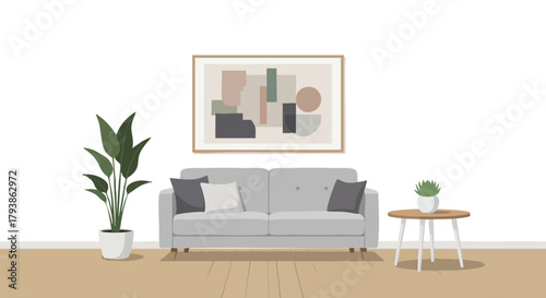 Serene living space illustration featuring a cozy sofa, modern art and potted plants creating a calming ambience
