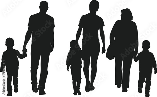 happy family silhouette collection for creative design. Family outdoors activities, hobbies and sports in park vector illustration.