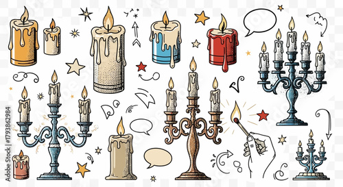 A captivating collection of vintage hand-drawn candles and candelabras on transparent backdrop