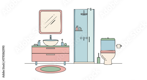 Charming bathroom interior illustration with soft pastel color palette and clean modern lines, showcasing a compact design with essential fixtures
