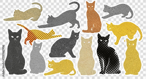 Diverse feline collection featuring stylized vector illustrations of various cat breeds