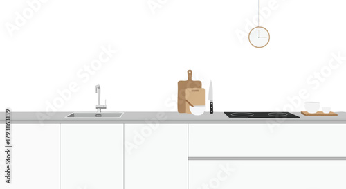Clean minimalist kitchen illustration with white cabinets, gray countertop, and cooking utensils creating a tidy and modern atmosphere