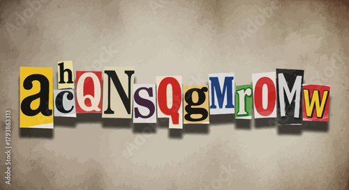 Collage Letters Arranged on a Grey Background to Spell Out a Random Word Sequence