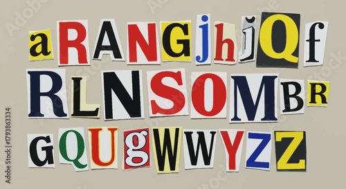 Colorful cut-out alphabet letters on beige backdrop evokes ransom note aesthetic