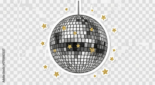 Shiny disco ball with sparkling golden stars against a transparent background