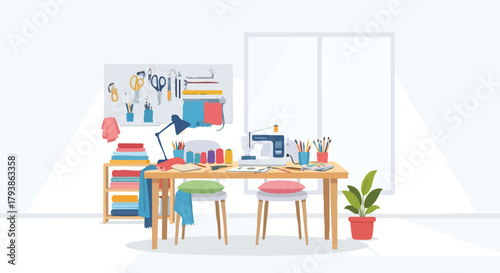 Illustration of a bright and tidy sewing room featuring a sewing machine and various crafting supplies