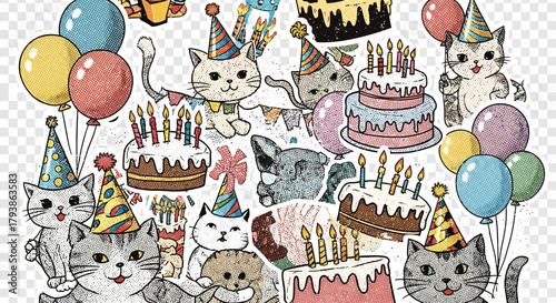 Festive birthday celebration sticker sheet featuring adorable cats, balloons, and cakes