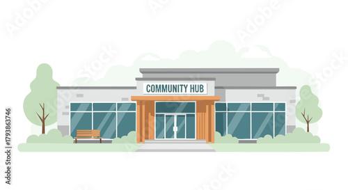 Inviting community hub illustration with clean lines and welcoming architectural style that reflects modern approach to local resources