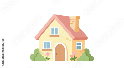 Charming Cartoon Home with Pink Roof and Lush Greenery Illustration, Representing Serenity and Simplicity