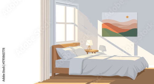 Serene morning light bathes a minimalist bedroom, casting gentle shadows and warm hues across the tranquil space, creating an inviting and peaceful