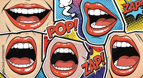 Dynamic Pop Art Collage of Open Mouths with 'Pop!' and 'Zap!' Comic Elements