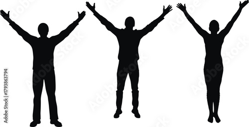 Freedom silhouette for creative design. Two joyful figures kneeling in celebration vector illustration. Eps 10