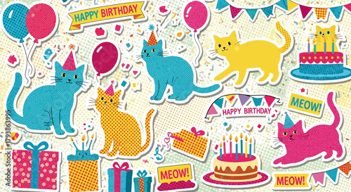 Colorful and festive birthday celebration with cats, balloons and gifts illustration