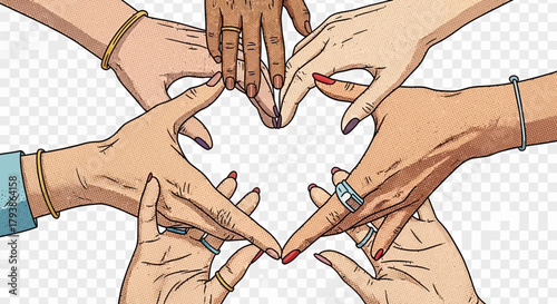 Diverse hands collaborating, forming a heart shape, promoting unity and affection
