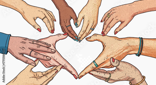 Diverse hands uniting to form a heart shape, symbolizing love and inclusivity