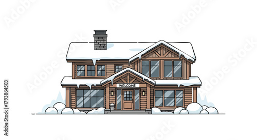 Charming winter cabin illustration with snow-covered roof and welcome sign drawing wooden residence nestled in serene landscape
