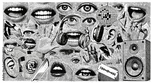 Monochrome abstract collage featuring various facial features, headphones and disco ball