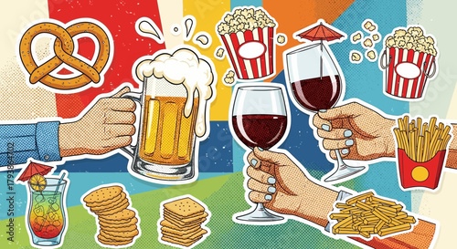Pop Art Illustration Celebrating Snacks and Drinks with Retro Comic Book Style