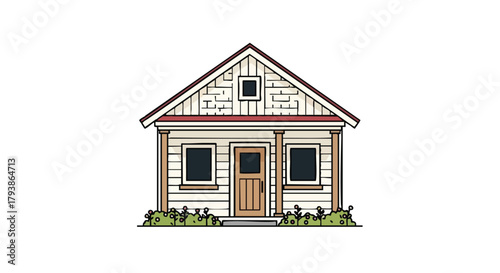 Simple dwelling illustration with gable roof and garden evoking a tranquil residential ambiance against white backdrop suitable for children's books