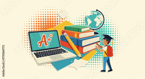 Educational journey depicted through vibrant cartoon illustration with books and tech