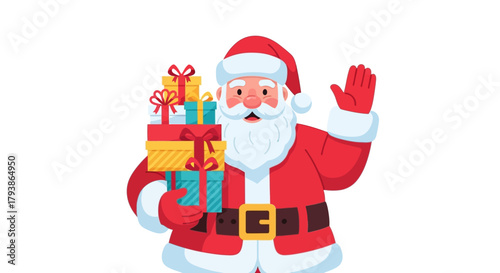 Jolly Santa Claus Waving with Stack of Colorful Gifts
