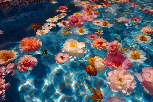 a pool with flowers floating in it