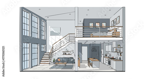 Stylized interior design showcases a two-story open-concept home with a sleek modern aesthetic