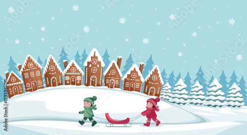 Festive winter scene vector featuring a quaint gingerbread house village under falling snow, with two children and suitcase, evoking holiday travel, seasonal joy, and cozy Christmas atmosphere