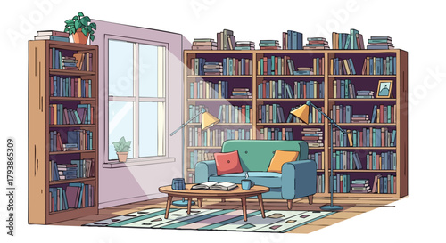 A charming book-filled living space illustration evokes a sense of cozy domesticity and love for reading with a serene and peaceful ambiance