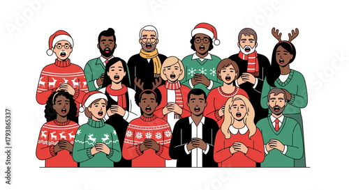 A diverse group of people in Christmas attire sing carols with hands clasped