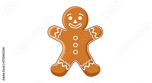 A gingerbread man cookie stands upright decorated with white icing