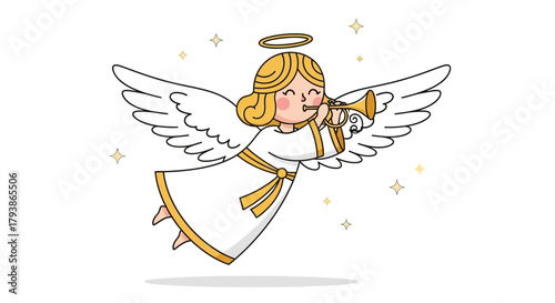 Cartoon angel with halo and wings blowing a trumpet