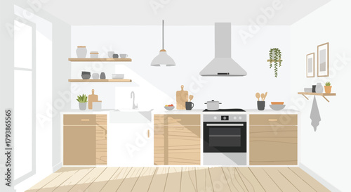 A tranquil kitchen scene awash in sunlight with minimalist decor and a cozy ambiance that evokes warmth and functionality