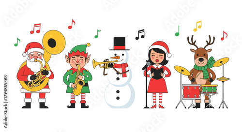 Cartoon Christmas band features Santa elf snowman carol singer and a reindeer on drums amidst musical notes