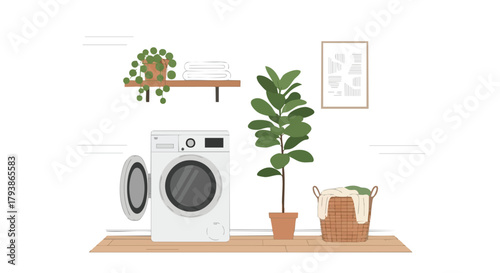 Minimalist laundry room illustration with washing machine, plants, and framed artwork, showcasing a modern aesthetic and clean design elements