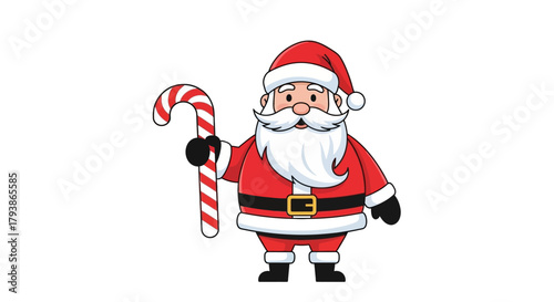 Cartoon Santa holding a candy cane smiles with a large white beard