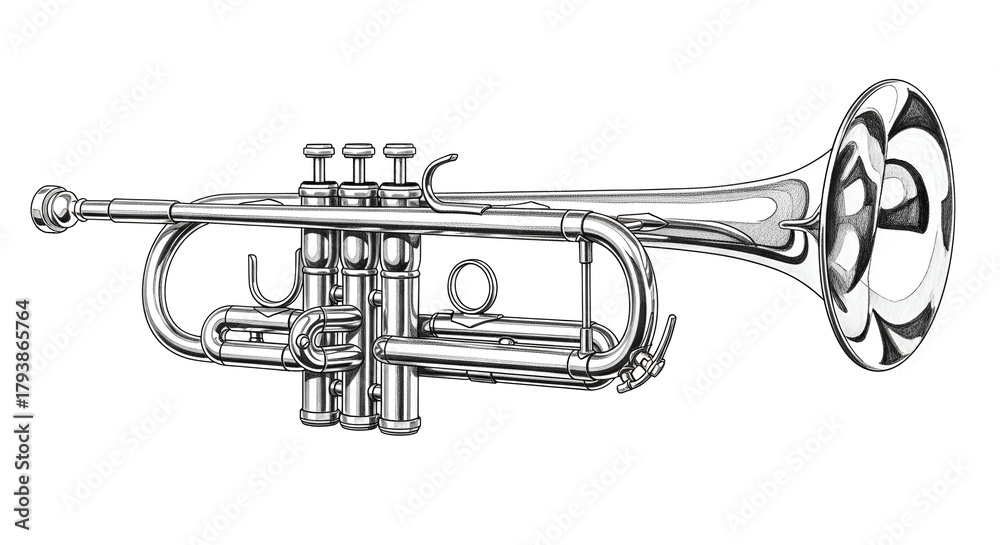 Fototapeta premium Black and white pencil sketch of a New Year’s trumpet with fine shape details and soft reflections on a plain white background.