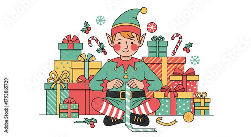 Elf sits crosslegged wrapping striped ribbon amidst gifts candy canes  holly