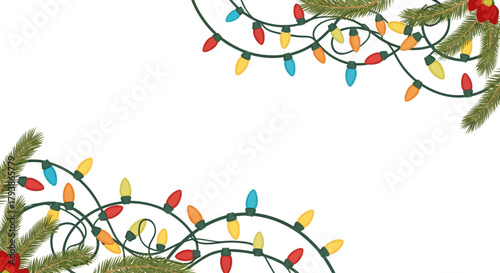 Evergreen boughs  string lights border top  bottom of frame with red berries on upper right  lower left