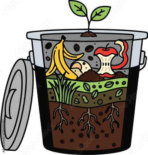 Illustration of composting process in a bin with organic waste and plant growth.eps