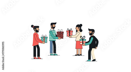 Four people exchanging gifts each person presents a differentlywrapped box