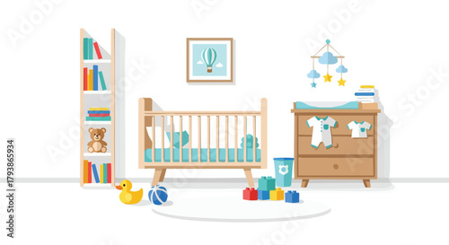 Serene Baby Room Interior with Wooden Crib, Playful Toys, and Decorative Elements of happiness