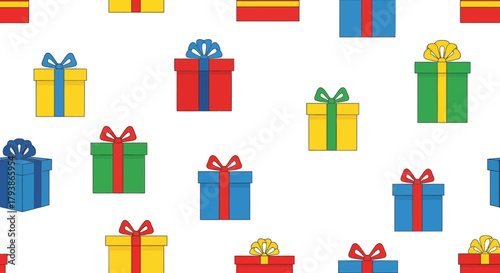 Gift pattern with colorful boxes and ribbons on white background
