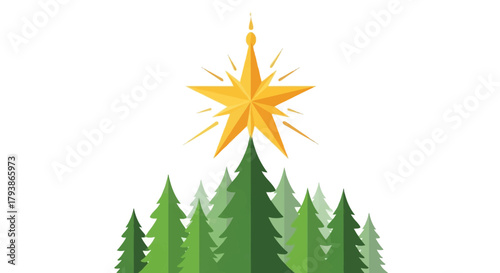 Golden star atop green trees against a white background